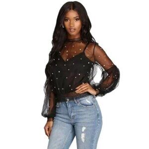 Fashion To Figure FTF Black Pearl Embellished Blouse 2 2X Plus